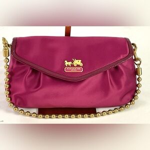 NWOT-Coach-#14349-satin evening bag, patent leather trim, bobble link chain